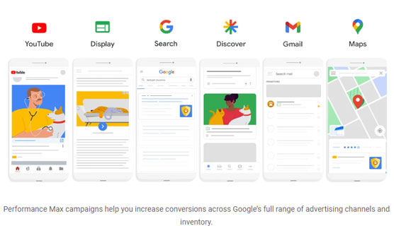 Screenshot of Google's Performance Max full range of advertising channels
